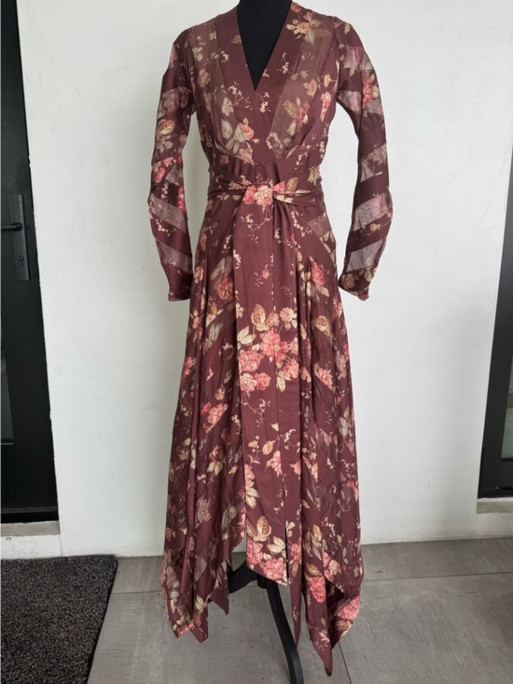 Zimmermann X Barneys New York, Burgundy Floral Long-Sleeve V-Neck Maxi Dress - Picture 7 of 15